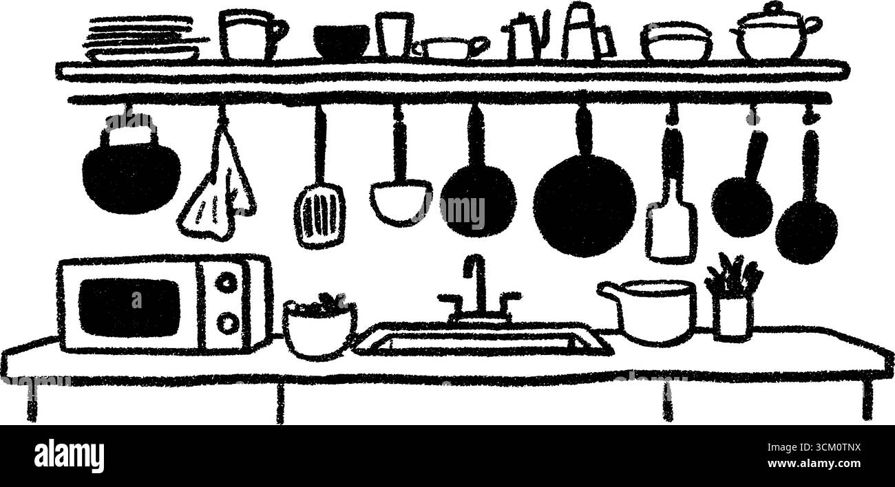 Charmante Küchenzeile mit kleinen Geräten und Utensilien für Innenarchitektur. Stock Vektor