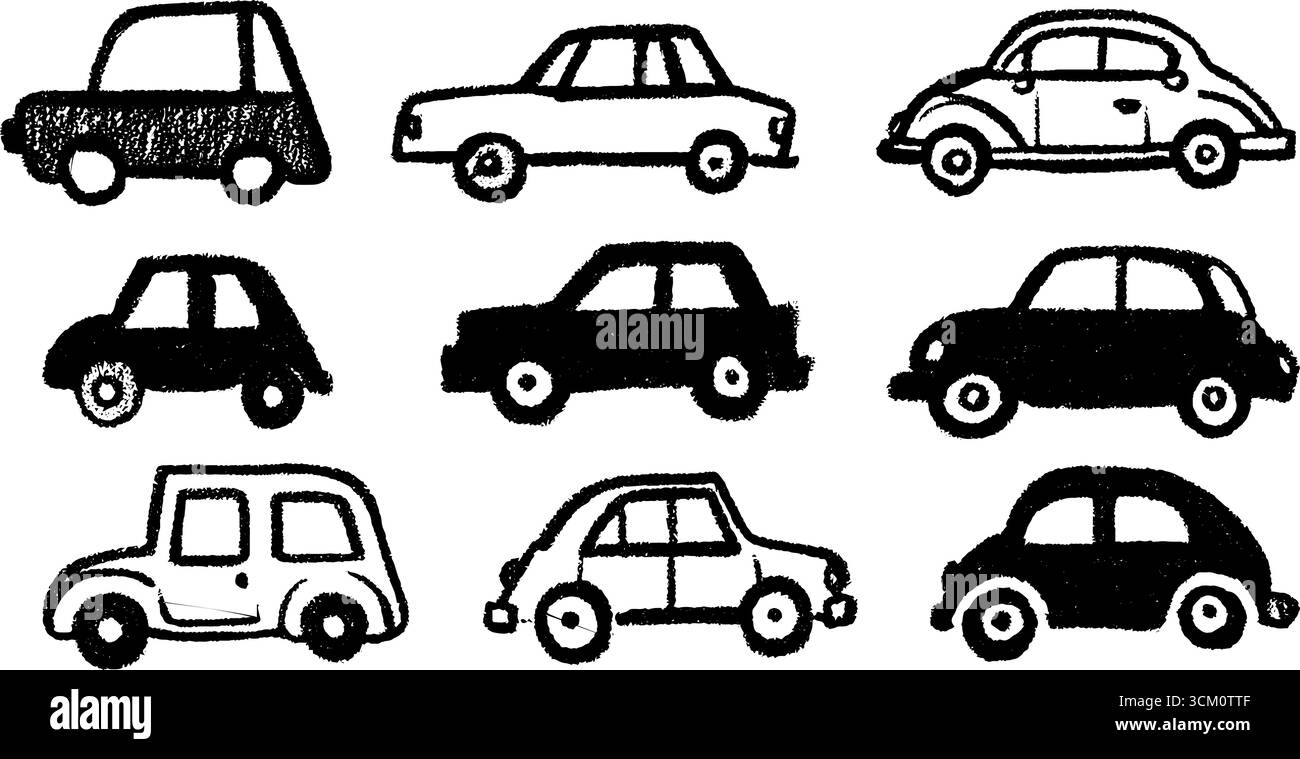 Handgezeichnete Skizze von Spielzeugautos in verschiedenen Größen mit schwarzer Kreide-Textur. Stock Vektor