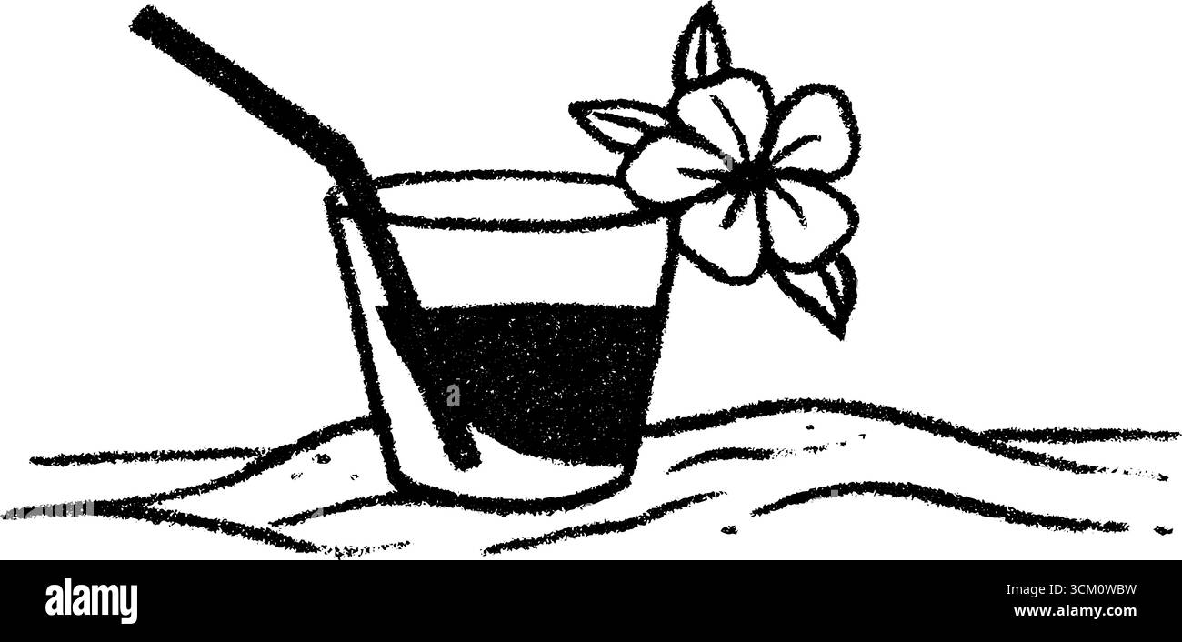 Skizze mit tropischen Kokosnussgetränken mit Strohgarnitur und Blumengarnitur für Sommermotive. Stock Vektor