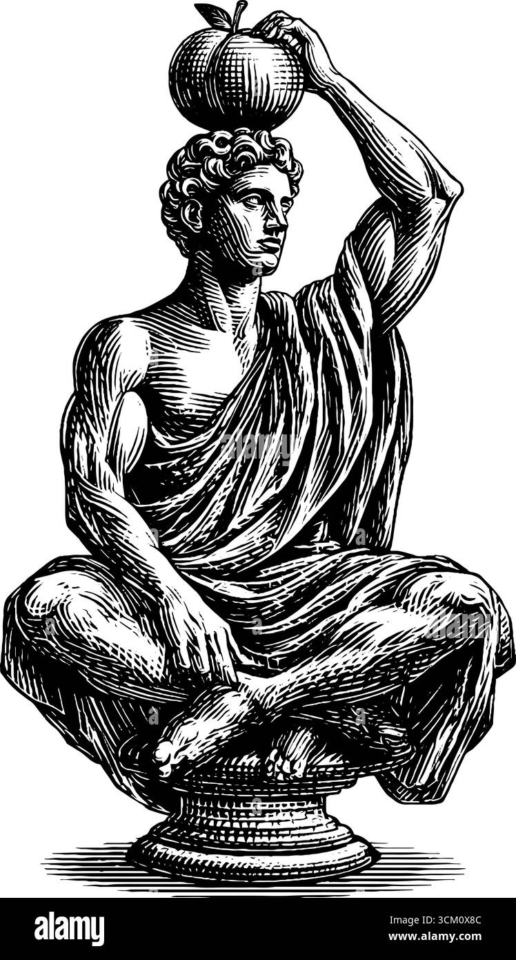 Klassische Philosoph-Statue, die Papaya in Vintage-Gravur-Stil-Illustration für Design ausbalanciert. Stock Vektor