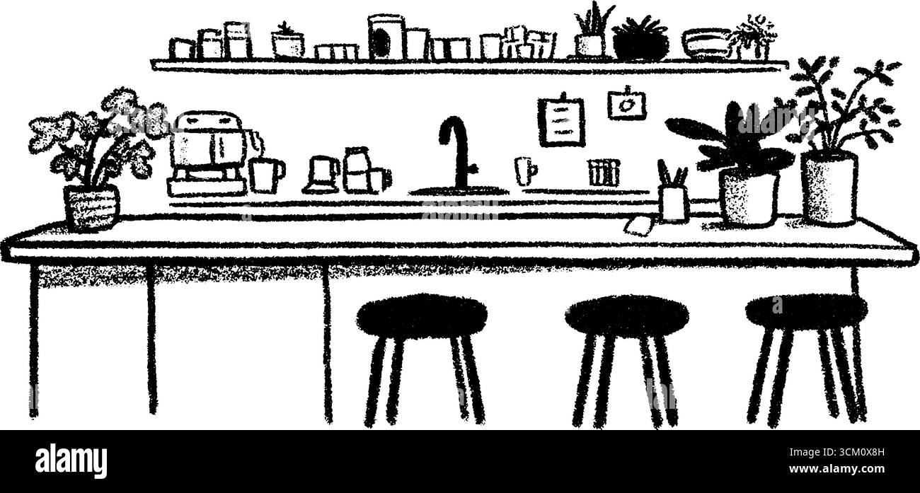 Moderne Studioküche mit Designskizze für die Frühstücksbar. Stock Vektor