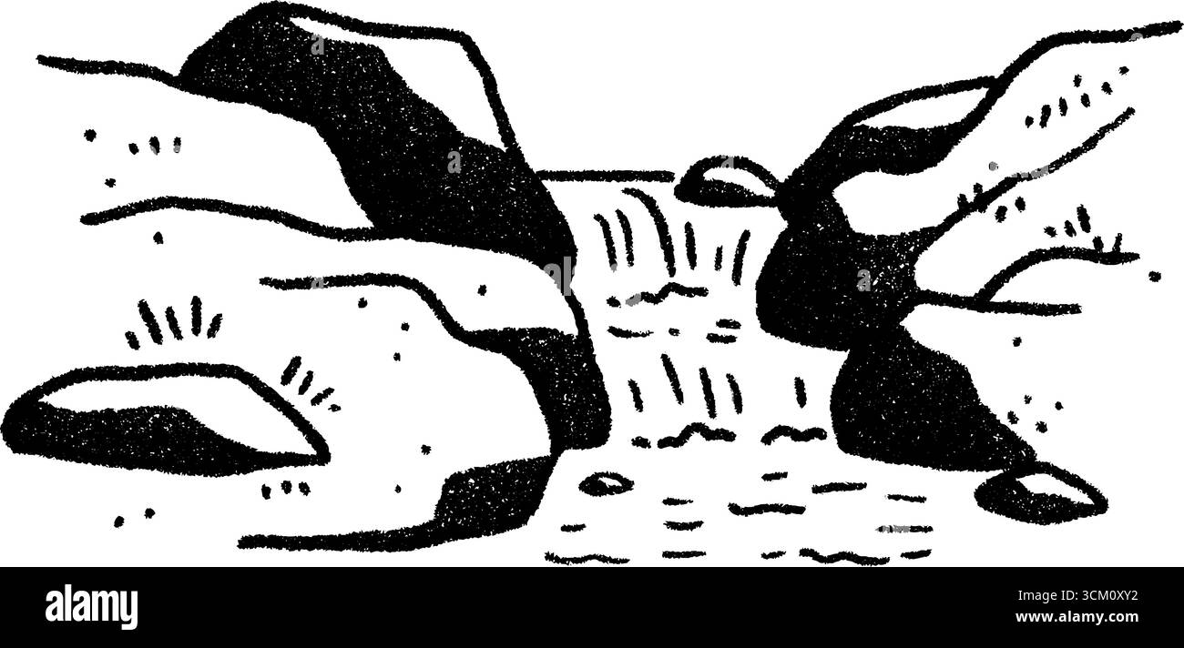 Malerischer felsiger Bach mit kaskadendem Wasserfall in künstlerischer Skizze. Stock Vektor