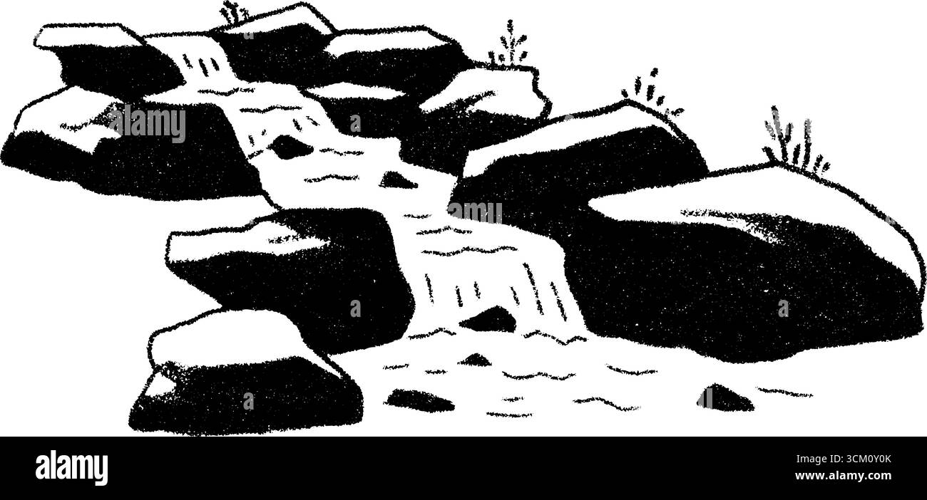 Handgezeichnete Skizze eines felsigen Baches mit kaskadierendem Wasserfall für die Gestaltung der Natur. Stock Vektor