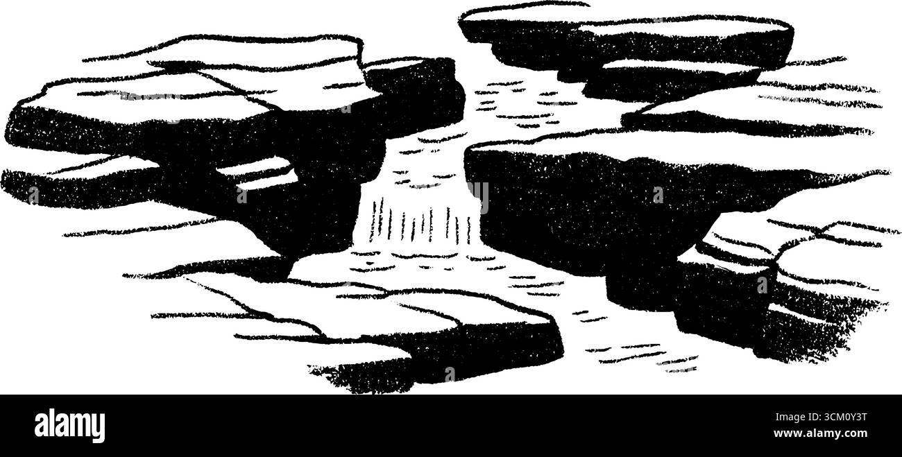 Felsiger Bach mit Wasserfallskizze für Naturdesign. Stock Vektor