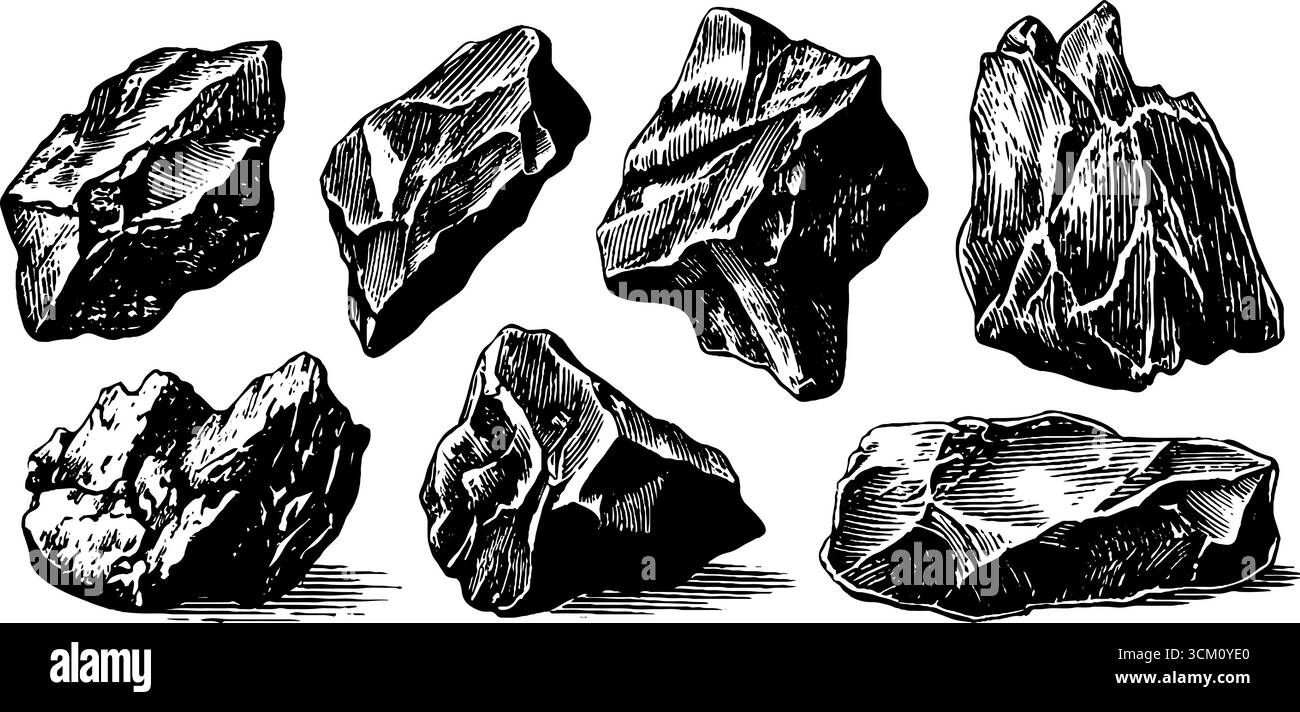 Antike Feuersteine und Werkzeugkerne mit Schlagmarkierungen - archäologische Retro-Skizze. Stock Vektor