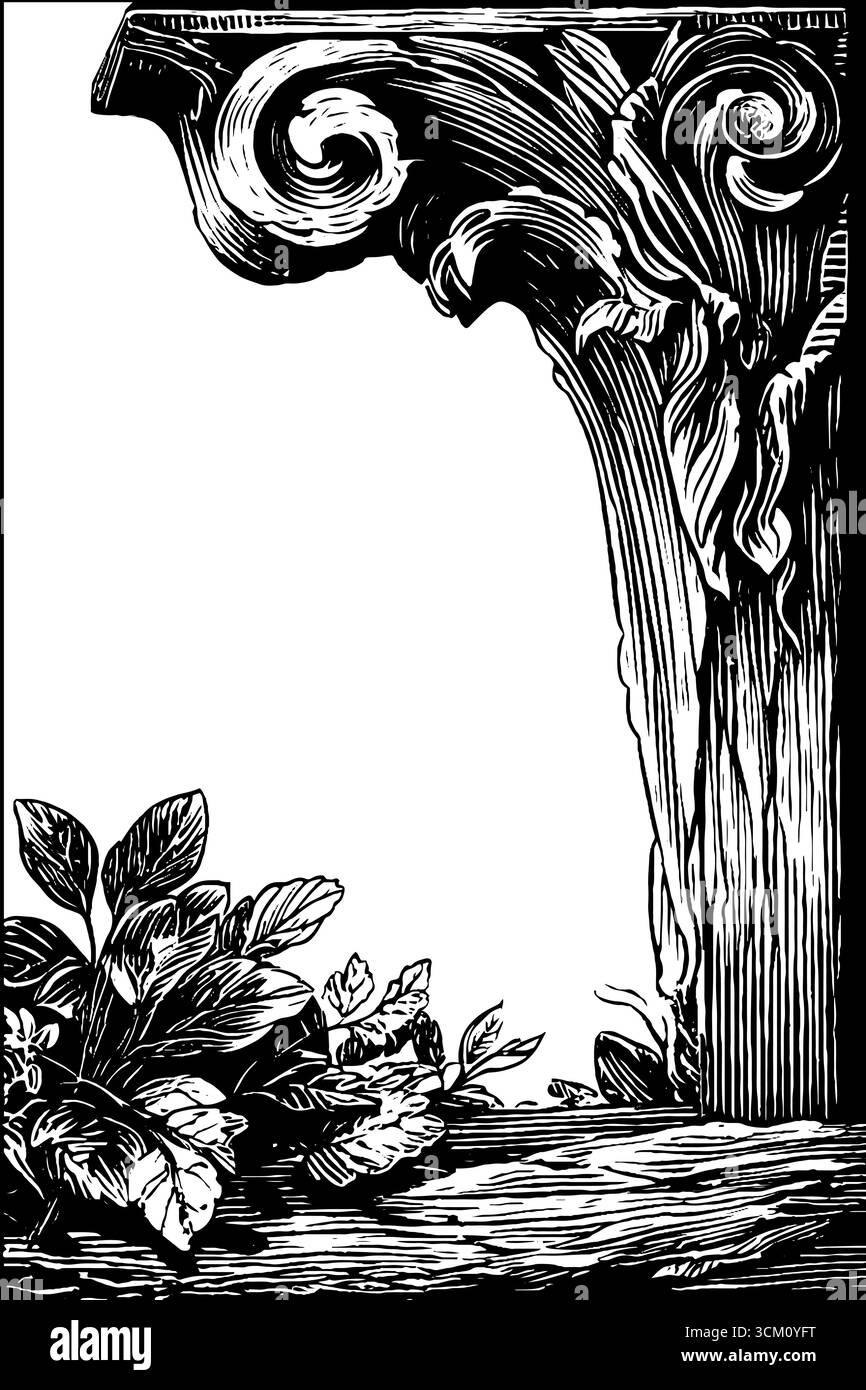 Von der Natur bewachsene, ruinierte Eingeweide - Vintage-Skizze der klassischen Architektur. Stock Vektor