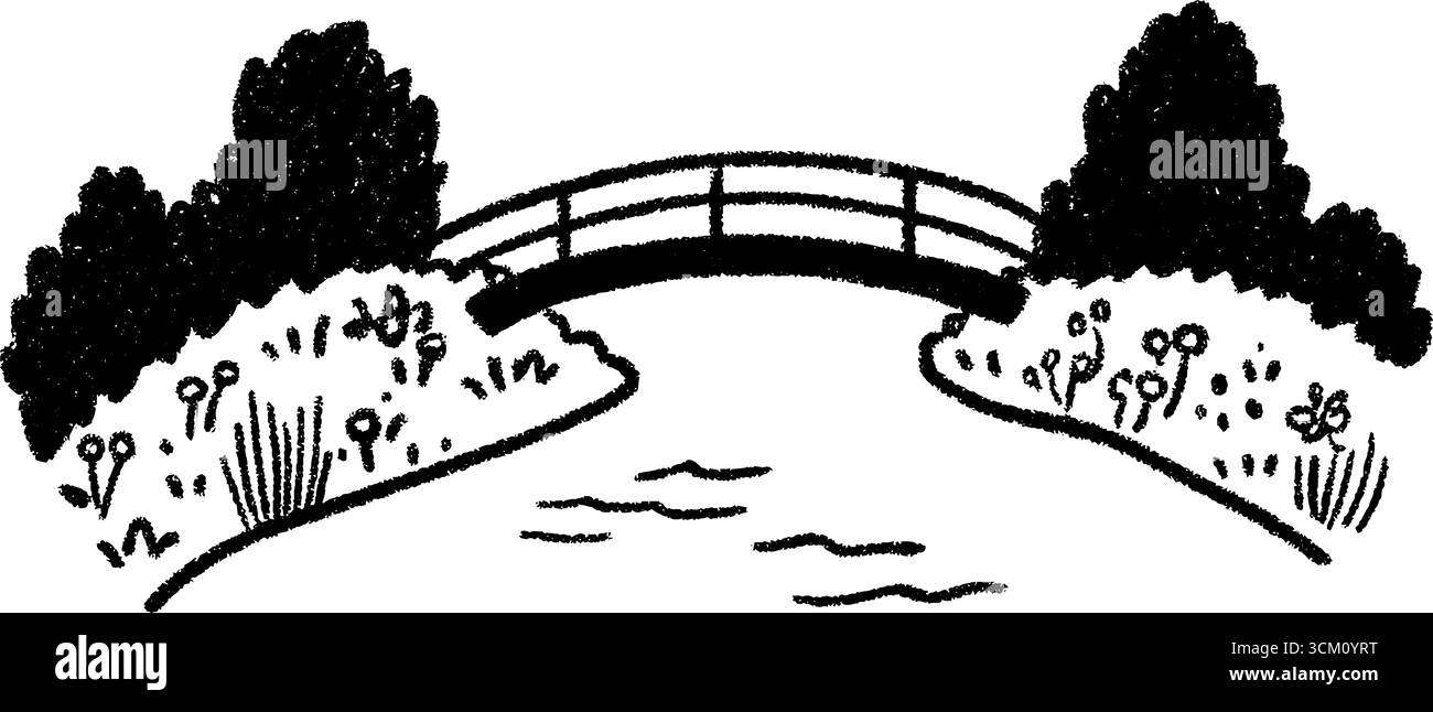 Handgezeichnete Skizze einer kleinen Brücke über einen Kanal in einer malerischen Stadt. Stock Vektor