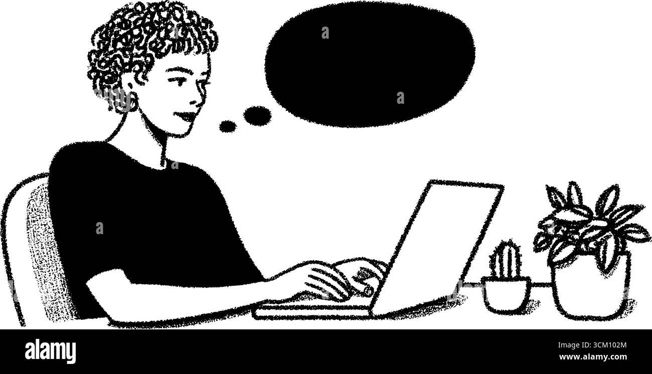 Ruhige Skizze des Arbeitsplatzes mit einer Person, die auf einem Laptop antwortet, um moderne Inspirationen für das Büro zu erhalten. Stock Vektor