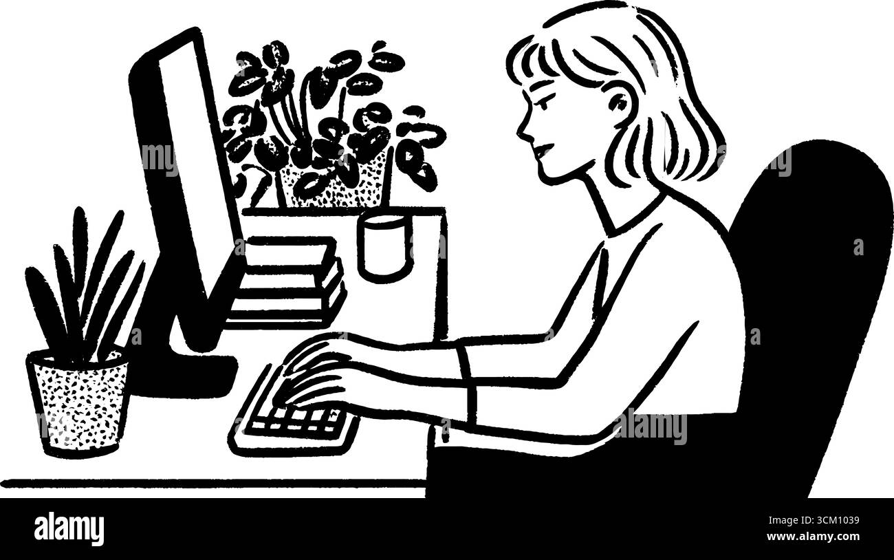 Professionelle Frau am Schreibtisch mit Pflanzen und Bürobedarf in minimalistischem Stil. Stock Vektor