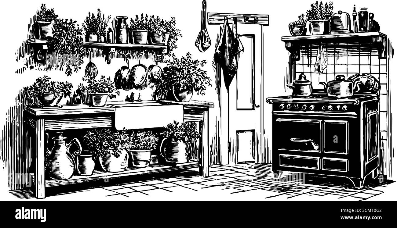 Rustikale Kücheneinrichtung mit Regalen und Töpfen - handgezeichnetes Vintage-Design für Wohnkultur. Stock Vektor