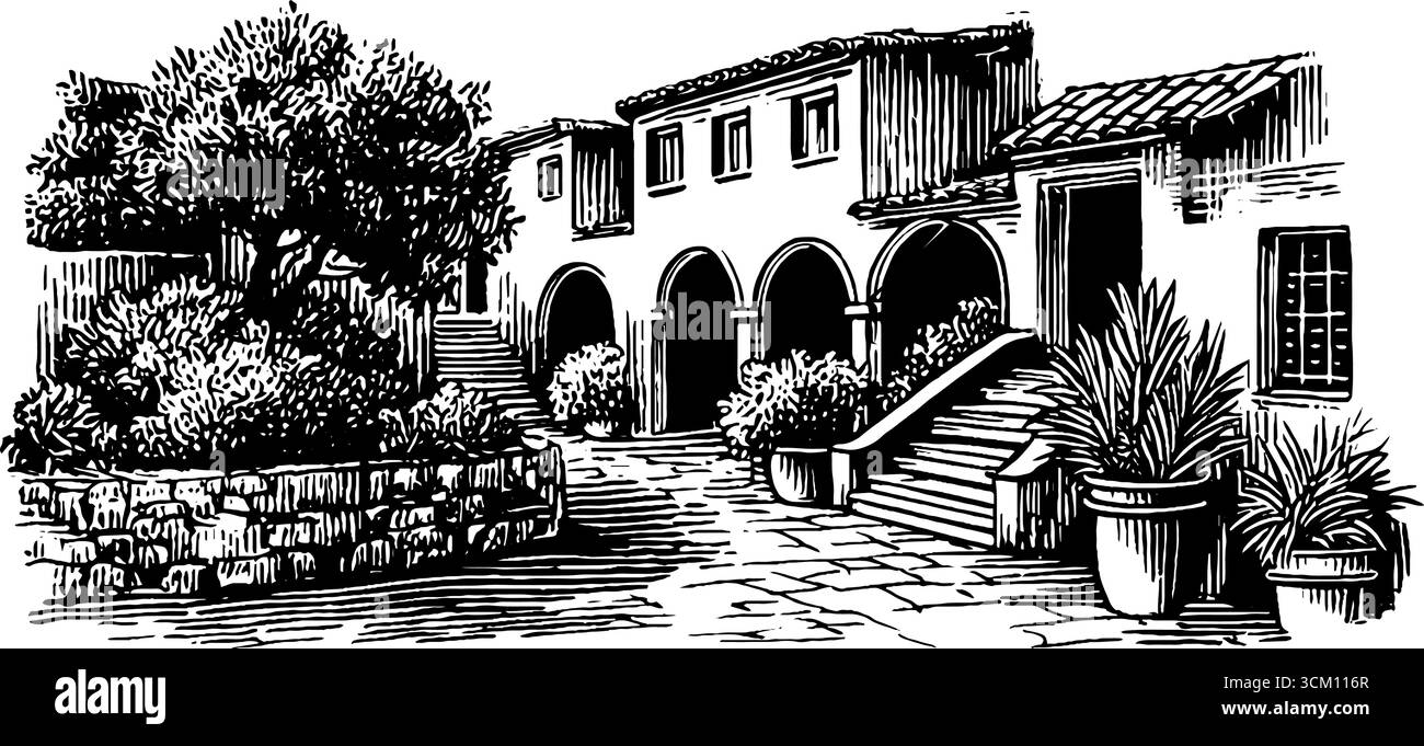 Rustikale mediterrane Balkone und Arkaden - Vintage handgezeichnete Illustration für Design. Stock Vektor