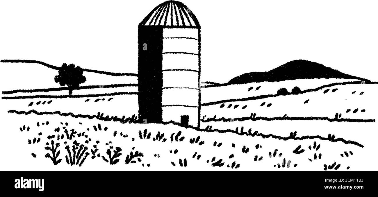 Skizze von Holzsilo auf offenen Feldern für rustikales Bauerndesign. Stock Vektor