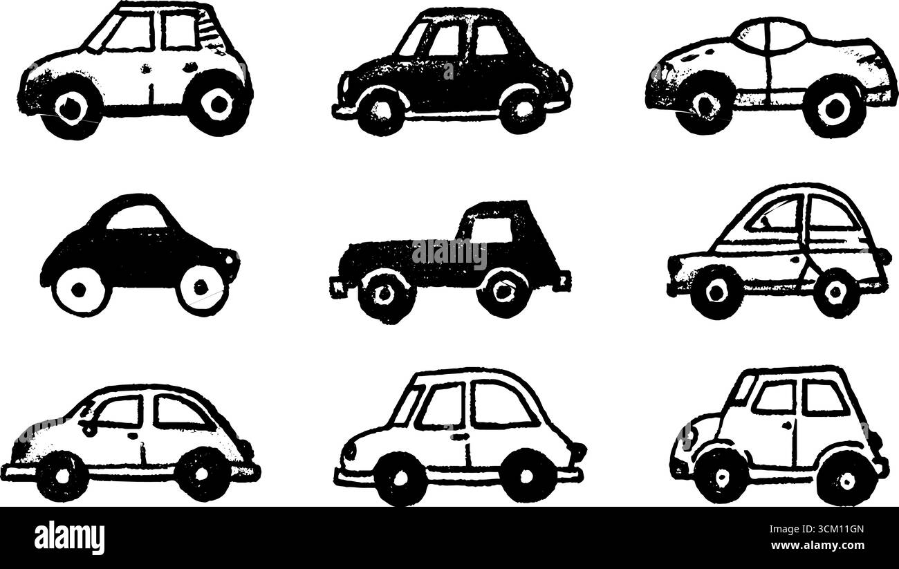 Künstlerische Skizze verschiedener schwarzer Spielzeugautos mit verschiedenen Stilen und Größen. Stock Vektor