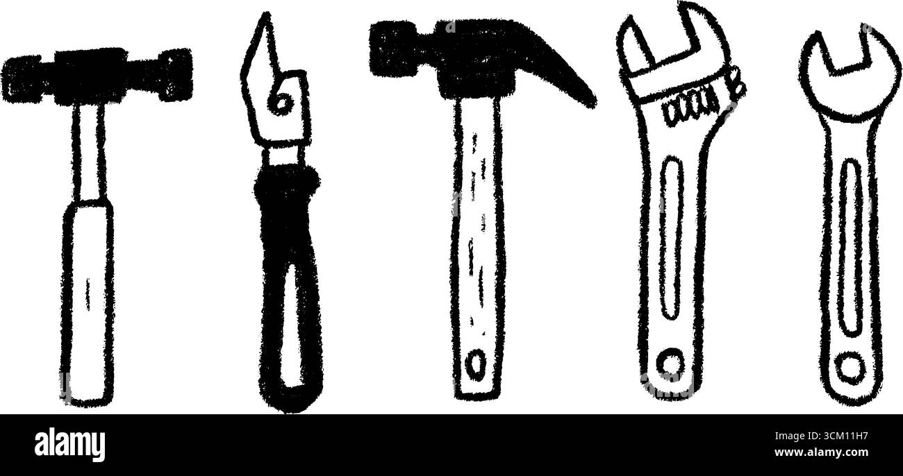 Handgezeichnete Skizze von Spielzeugwerkzeugen mit Hammer für kreatives Design oder Spiel. Stock Vektor