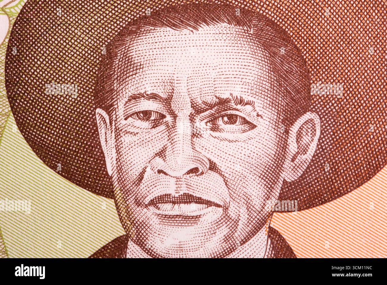 Augusto Cesar Sandino ein Nahaufnahme-Porträt aus nicaraguanischem Geld - Cordoba Stockfoto
