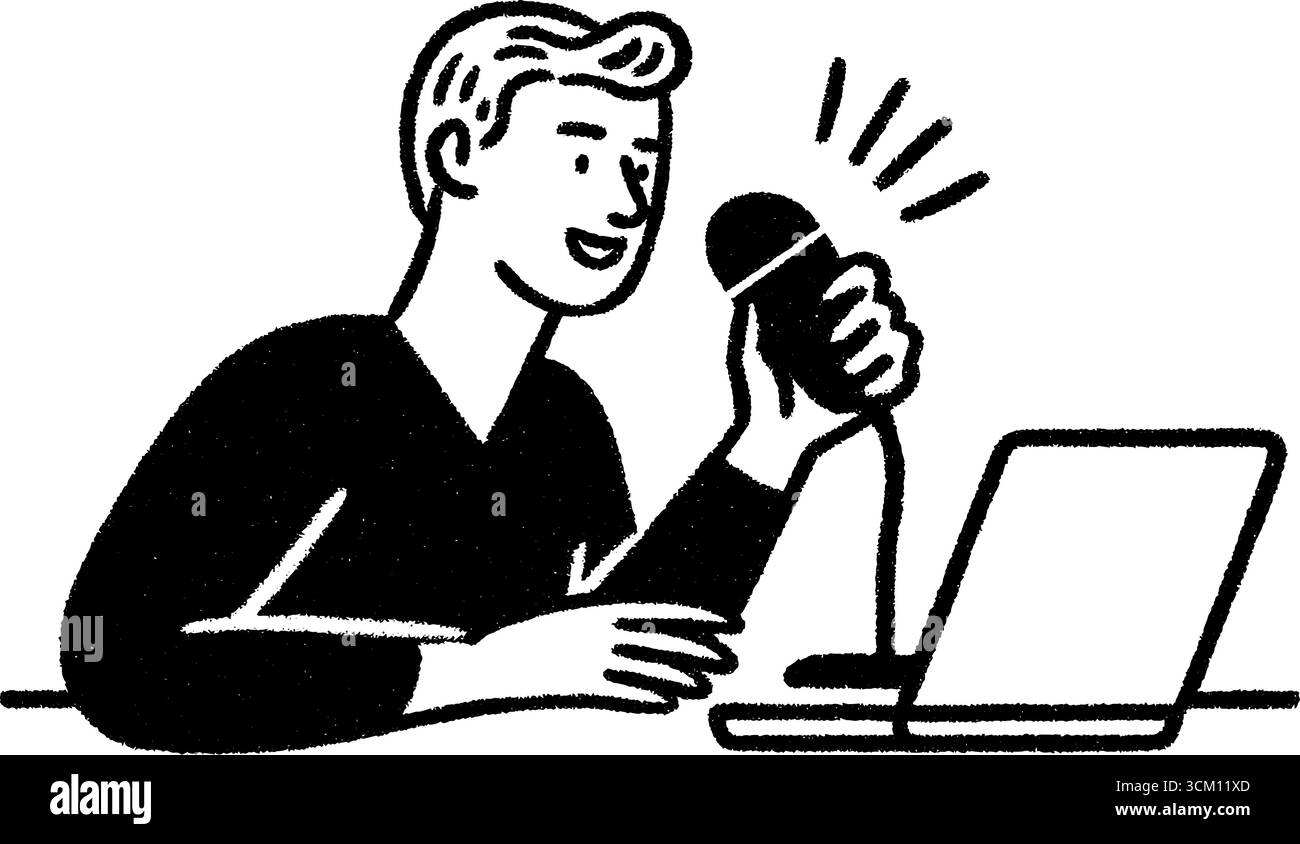 Podcaster zur Einstellung des Mikrofons im Heimstudio mit Laptop-Einrichtung. Stock Vektor