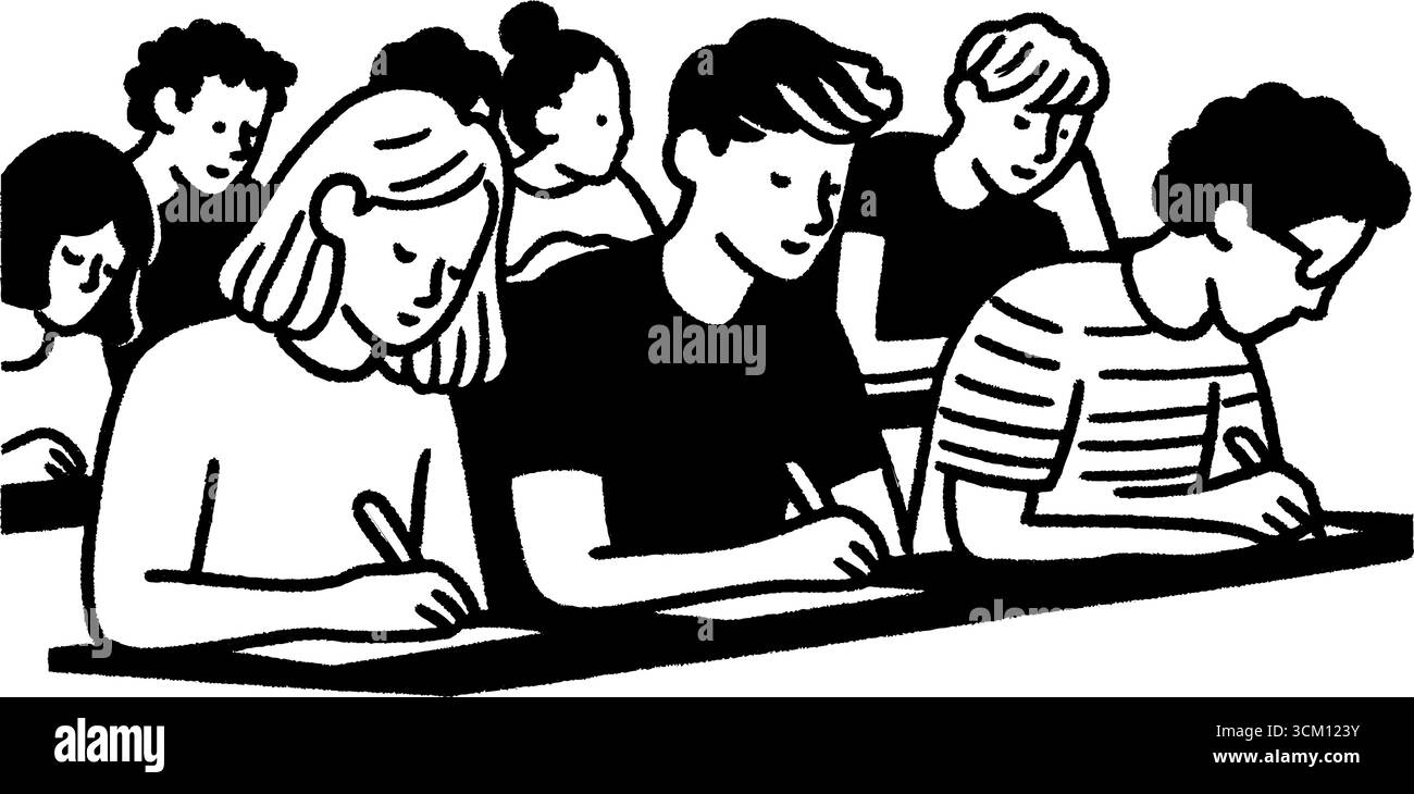 Prüfungsszene im Klassenzimmer mit fokussierten Skizzen für Bildungsdesign. Stock Vektor