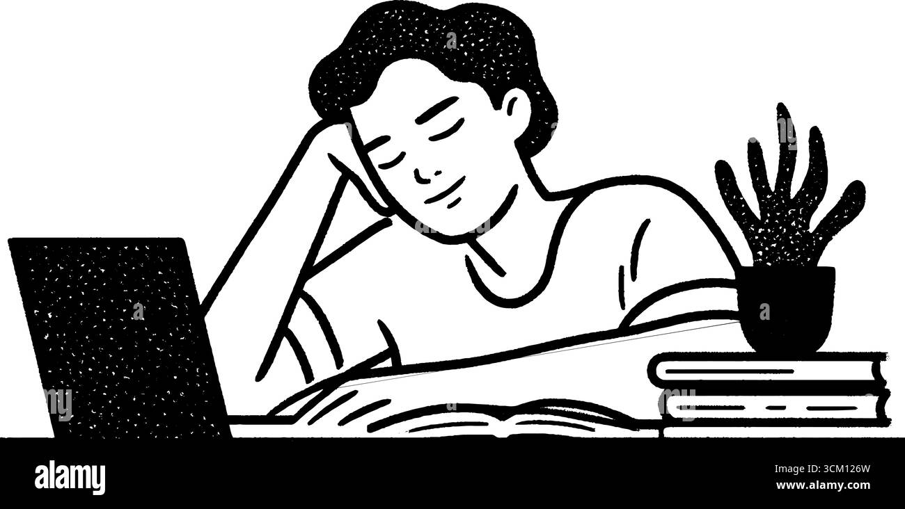 Universitätsstudentin, die spätabendliche akademische Schwerpunkte mit Laptop und Büchern studiert. Stock Vektor