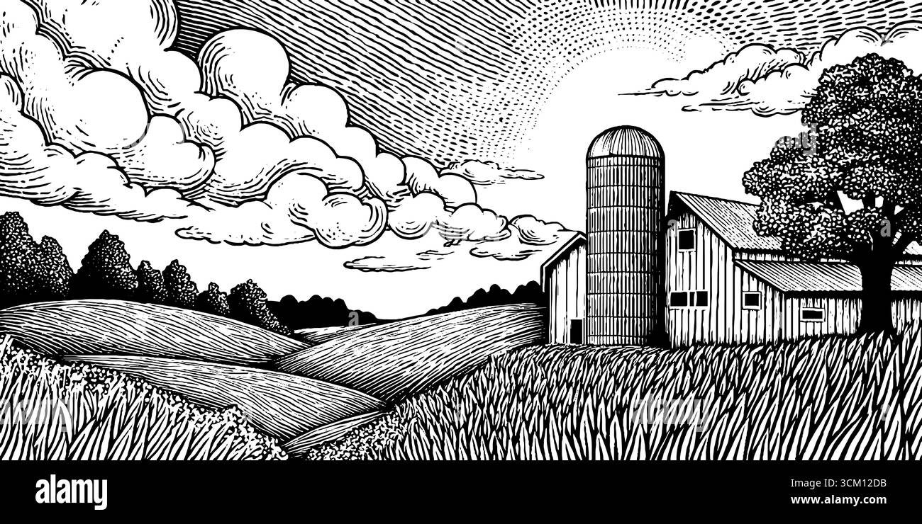 Rustikale Scheune und Silos in offenen Feldern schwarz-weiß Gravur für Design. Stock Vektor