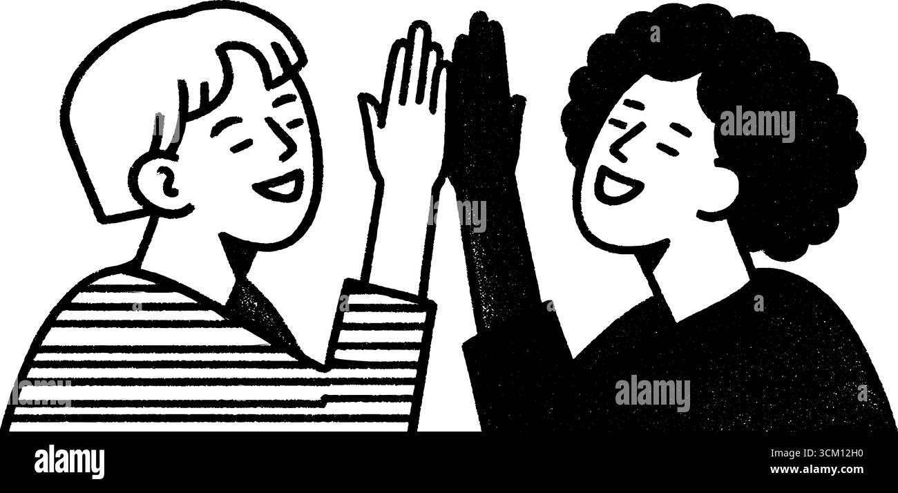 Freunde feiern mit einer hohen fünf Geste im verspielten Skizzenstil. Stock Vektor