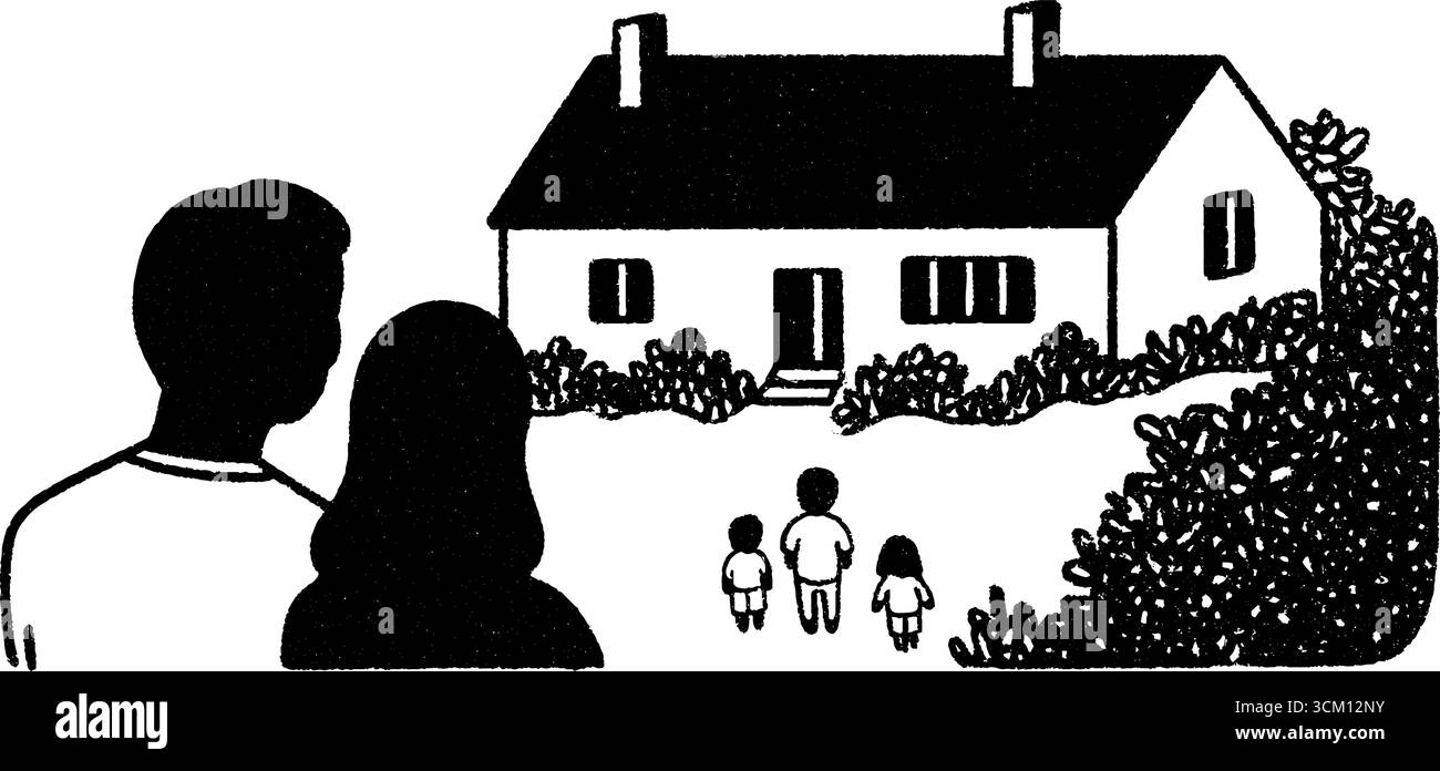 Großeltern beobachten, wie Kinder vor dem Haus spielen. Stock Vektor