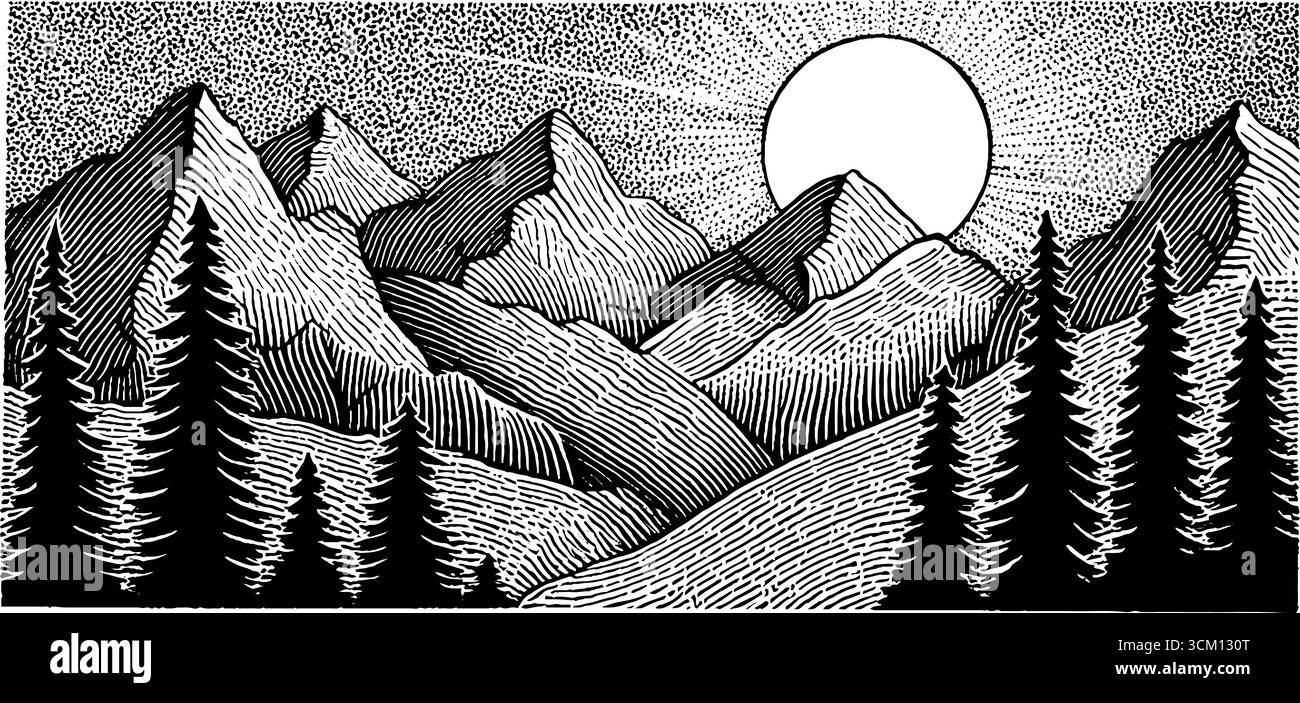 Schlafender Wald mit mondbeleuchteten Bergen und Schatten in Schwarz-weiß-Skizze. Stock Vektor