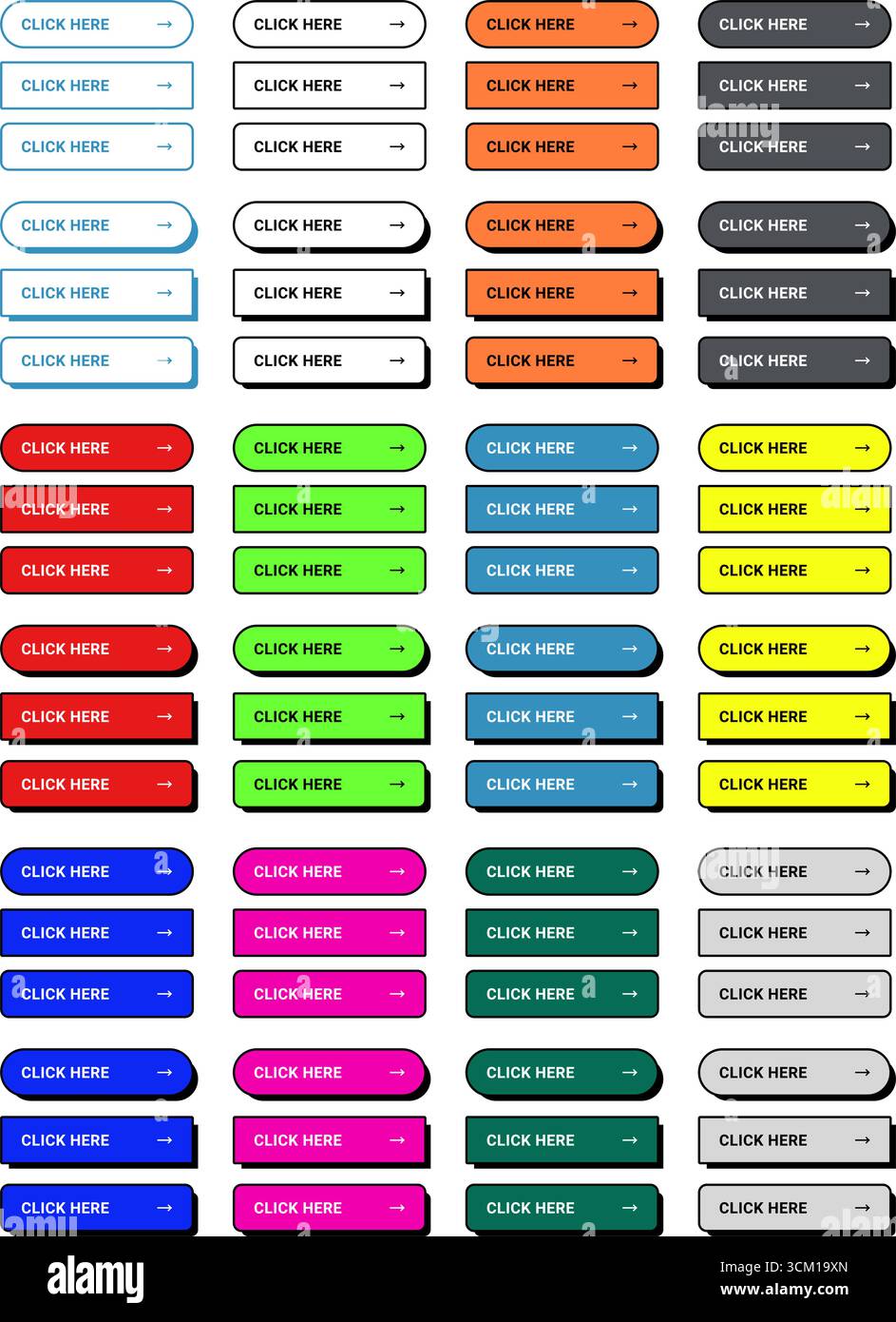 Satz von Vektorklickschaltflächen-UI-Elementen in mehreren Stilen, Farben und Schatten, entwickelt für Website-Schnittstellen, mobile Apps und UX-UI-Design-Projekte Stock Vektor