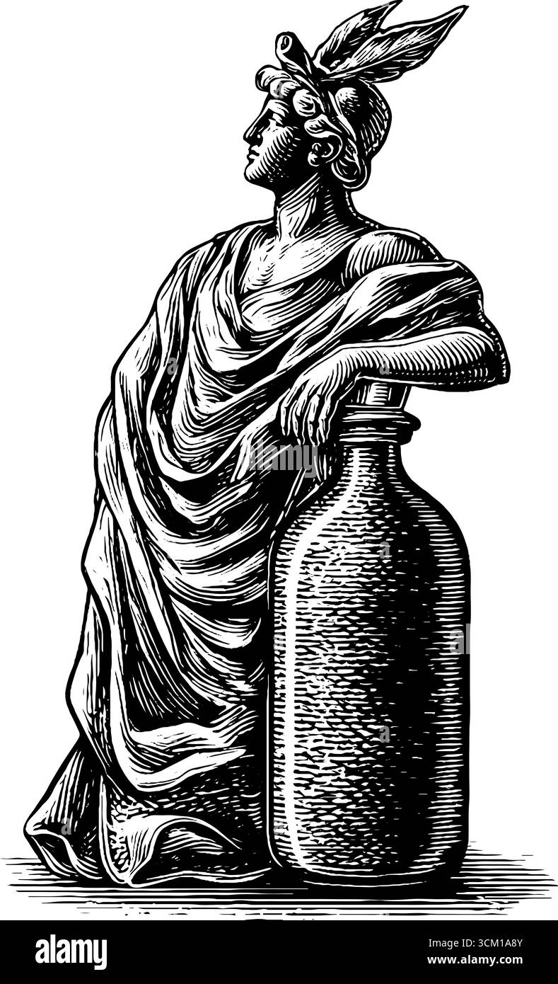 Silhouette einer Vintage-Statue, die auf einer massiven Flasche mit Korken im Gravur-Stil aufliegt. Stock Vektor