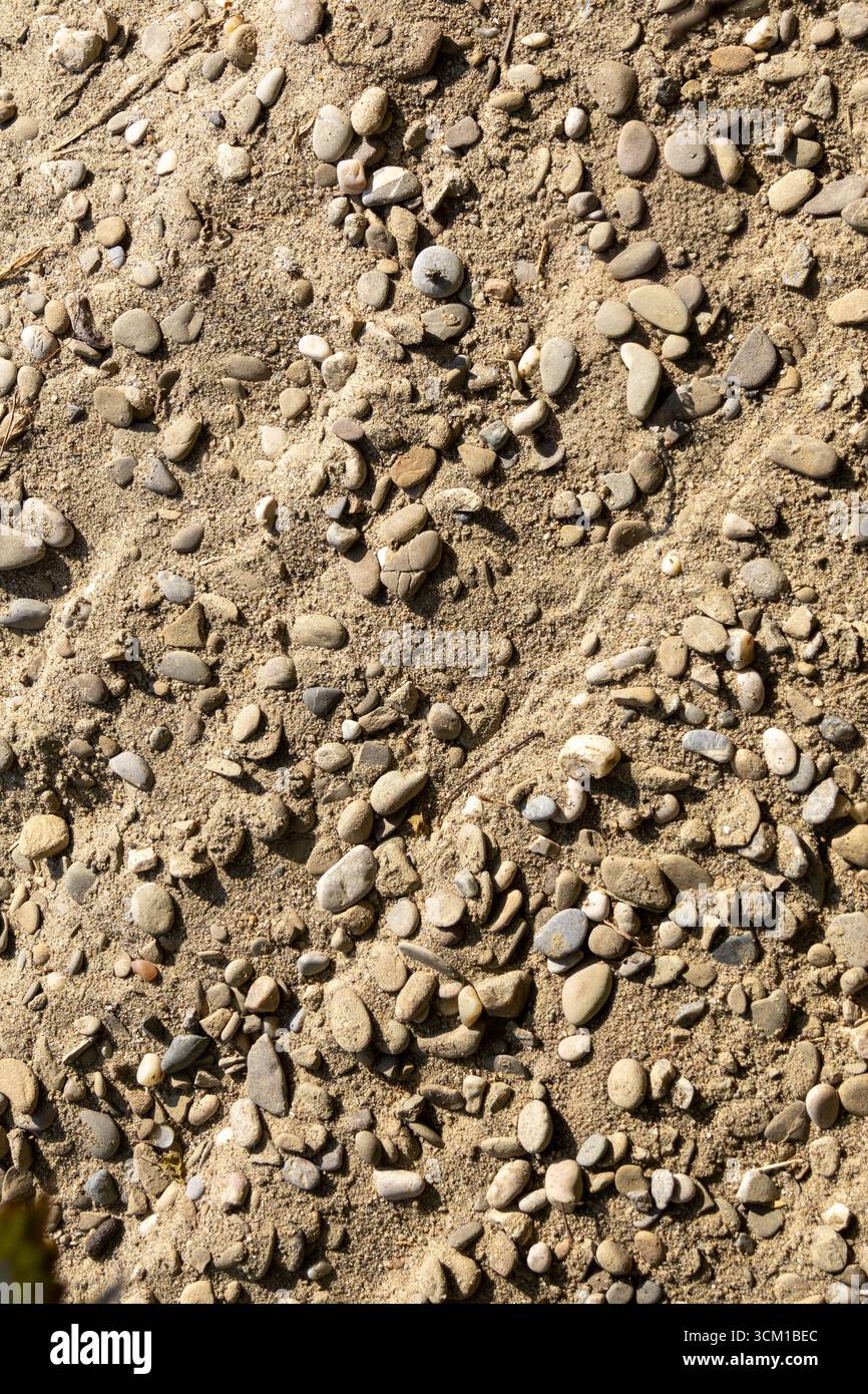Detaillierte Ansicht von kleinen Kieselsteinen, die auf sandigem Boden verstreut sind und eine natürliche Textur erzeugen Stockfoto