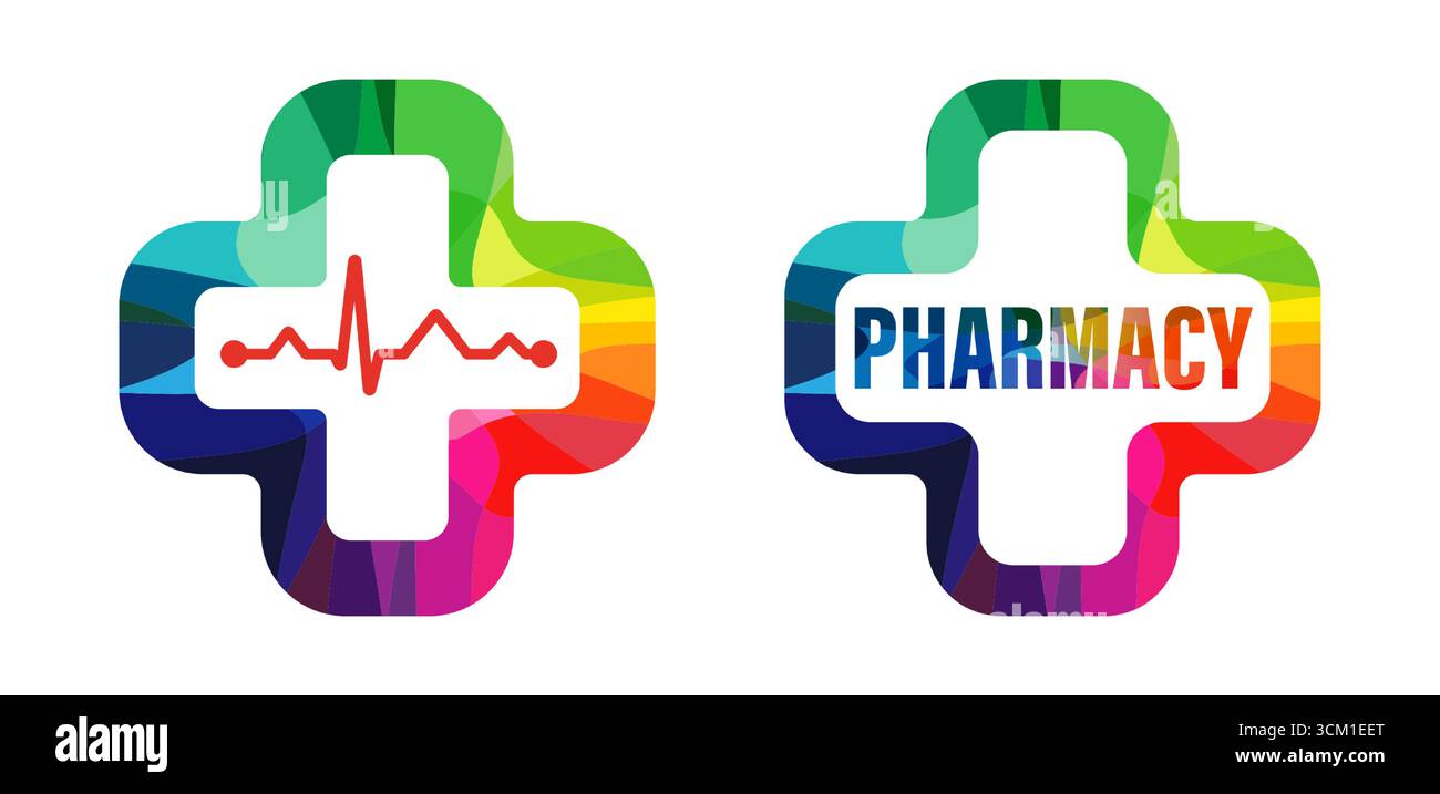 Set aus kreativen, mehrfarbigen Kreuzen mit Buntglasstruktur und isolierter Schnittmaske. Logo für Apotheken Stock Vektor