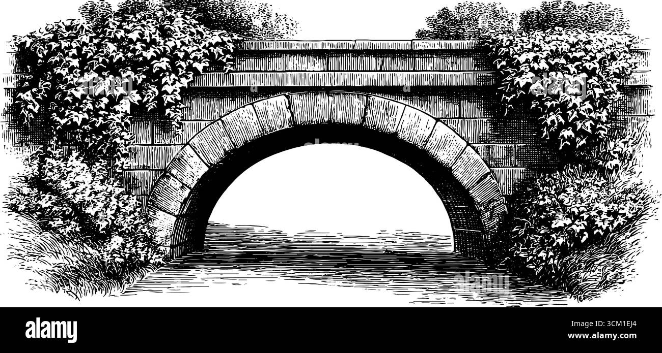 Alte Steinbrücke mit Efeu-überzogener Schiene - architektonische Illustration im Retro-Stil für Designprojekte. Stock Vektor