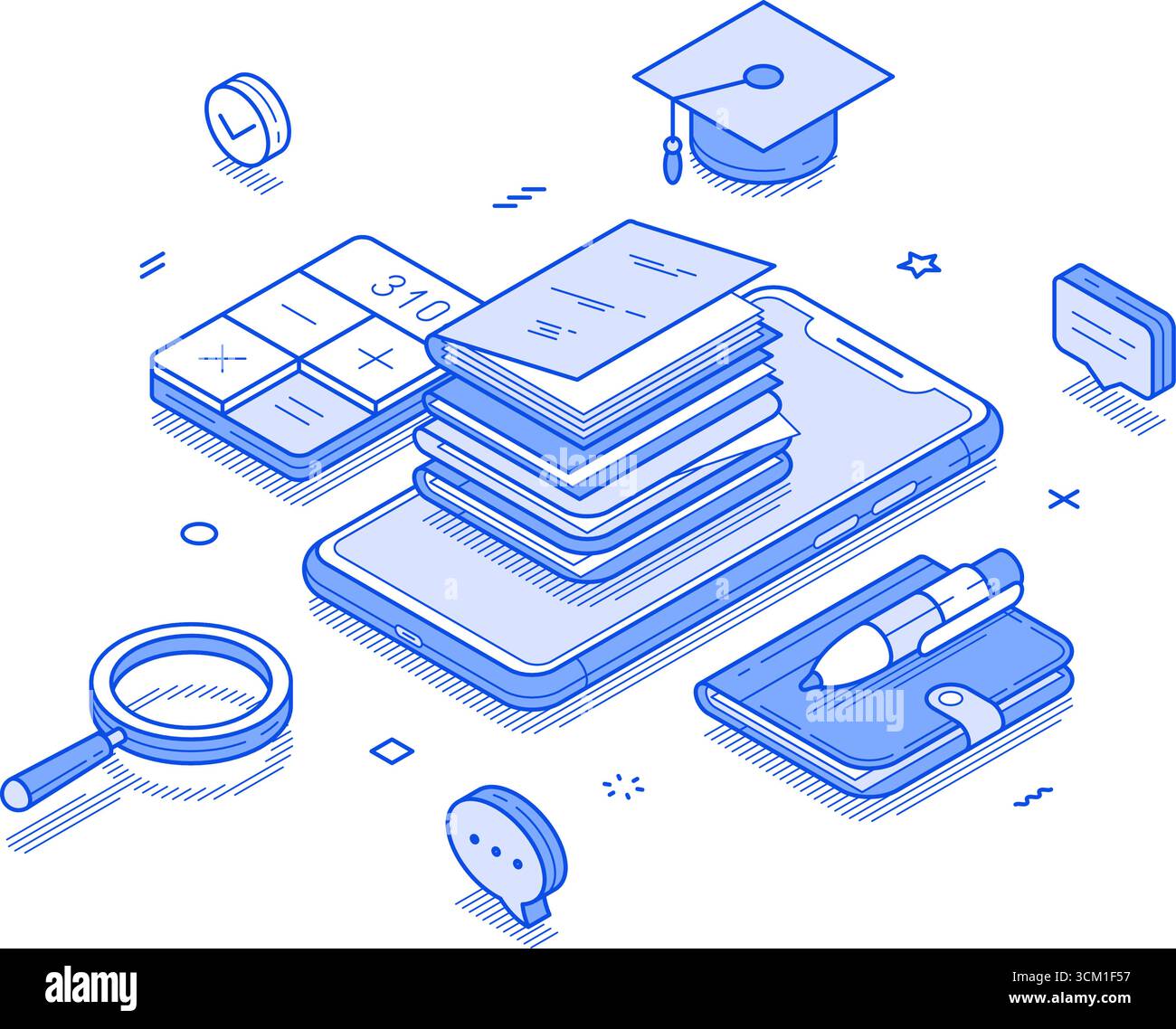 E Lernen Online-Schulung Remote-Kurs Smartphone-Anwendung isometrische Vektorillustration. Ferninternetstudium an der Universität Stock Vektor