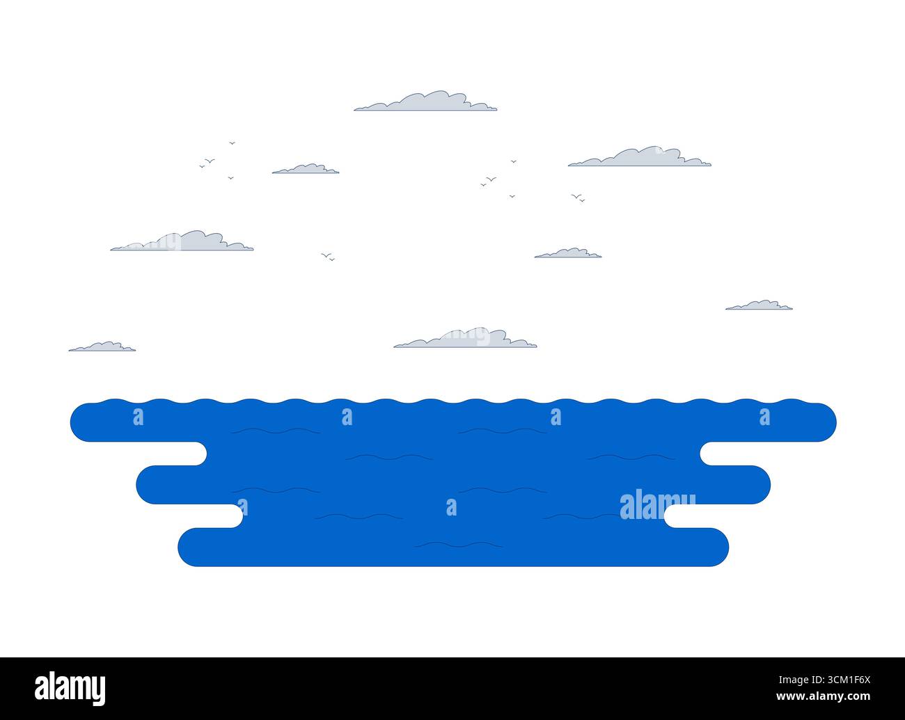 Ruhiger Ozean mit Wolken und hoch aufragenden Möwen 2D-Vektor-Illustration Stock Vektor