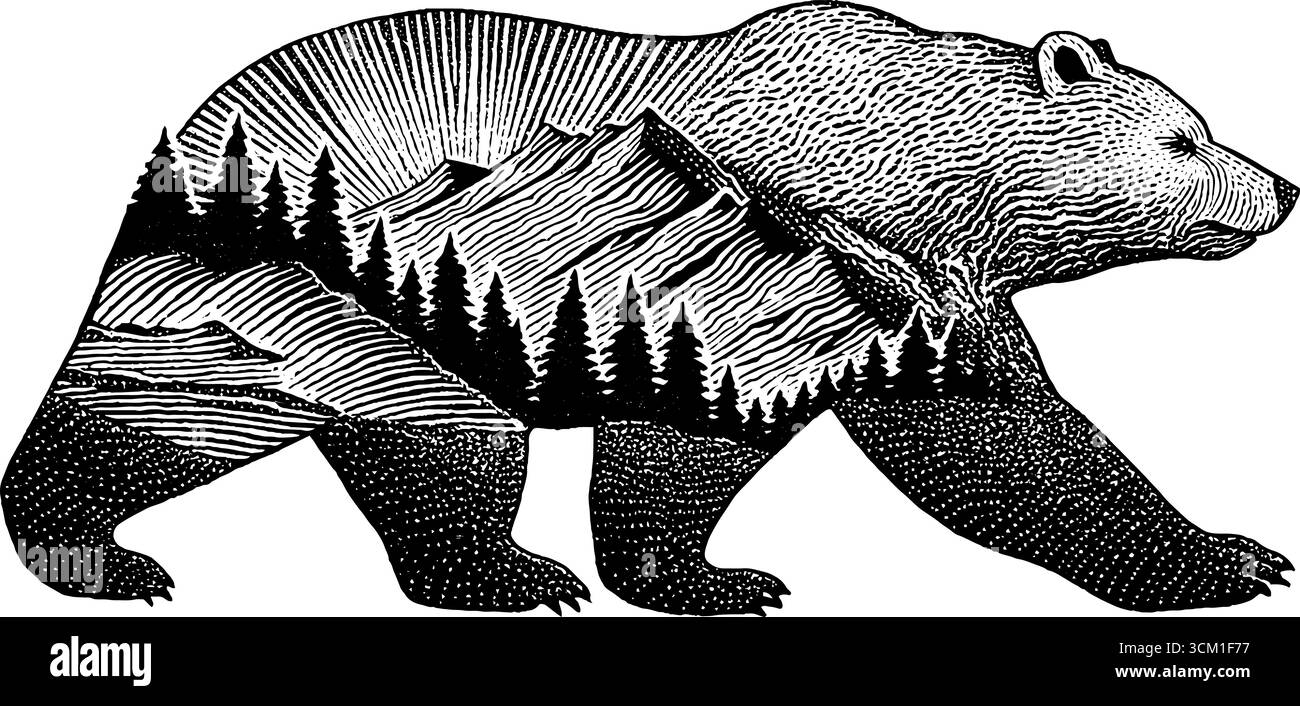 Verzauberte Waldbären-Silhouette mit Berglandschaft. Stock Vektor