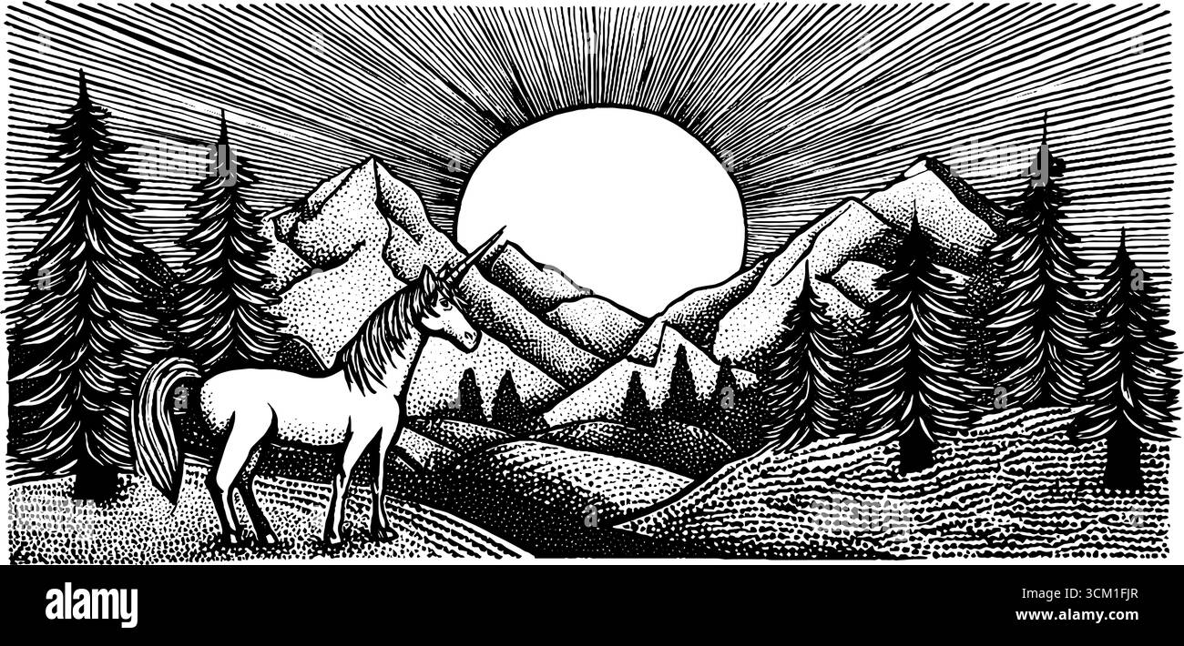 Mystisches Einhorn in Mondlichtung mit majestätischen Bergen und Waldlandschaften. Stock Vektor