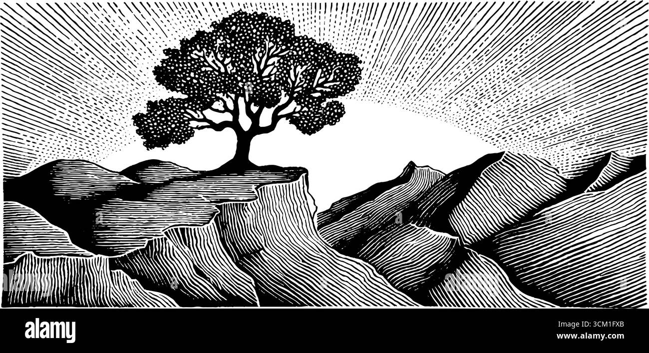 Einsamer Baum auf windigen Klippen im Vintage-Stil. Stock Vektor