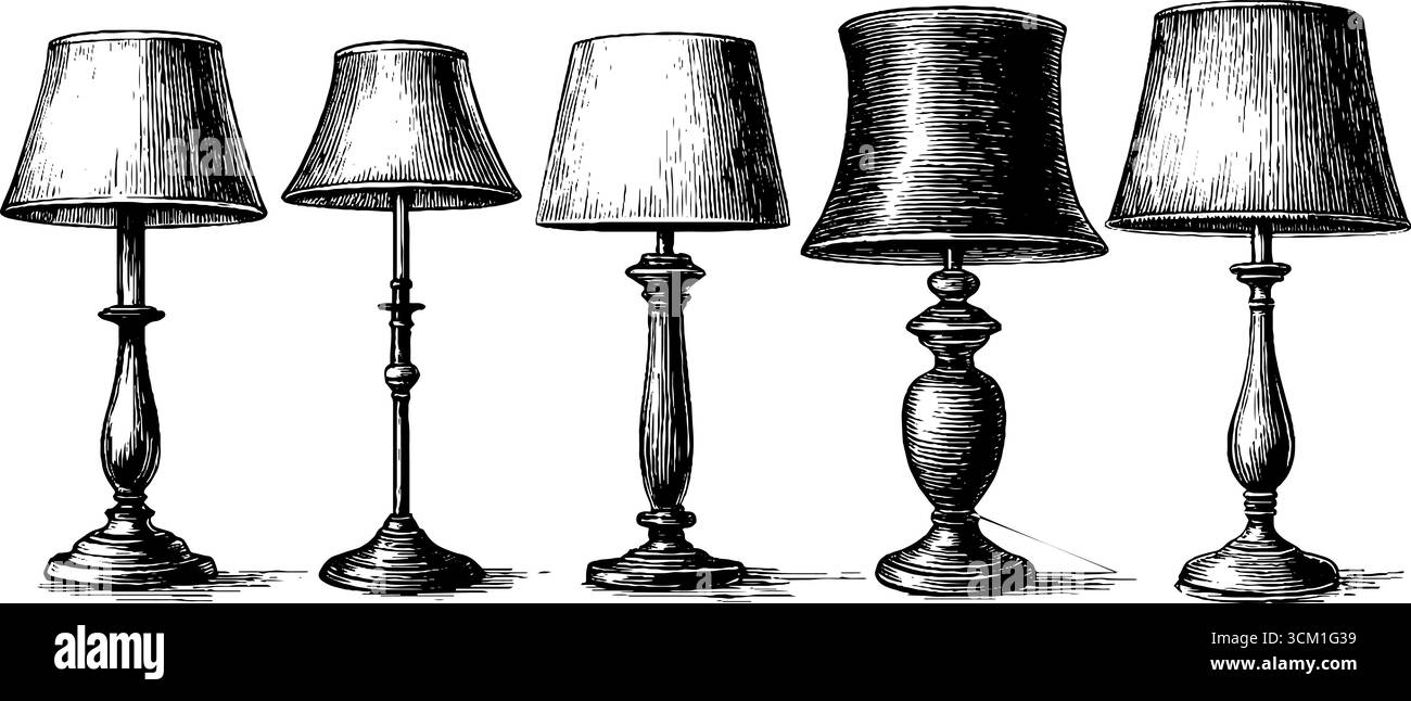 Vintage-Stehlampen mit Lampenschirmen aus Stoff – Retro-Innenbeleuchtung für Innenarchitektur. Stock Vektor