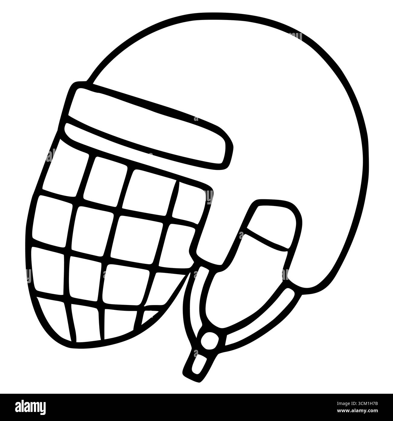 Eine Vektor-Illustration einer Hockey-Torwarenmaske mit einem einzigartigen handgezeichneten Stil mit auffälligen schwarzen Linien und einem karierten Käfigdesign, das mich unterstreicht Stock Vektor