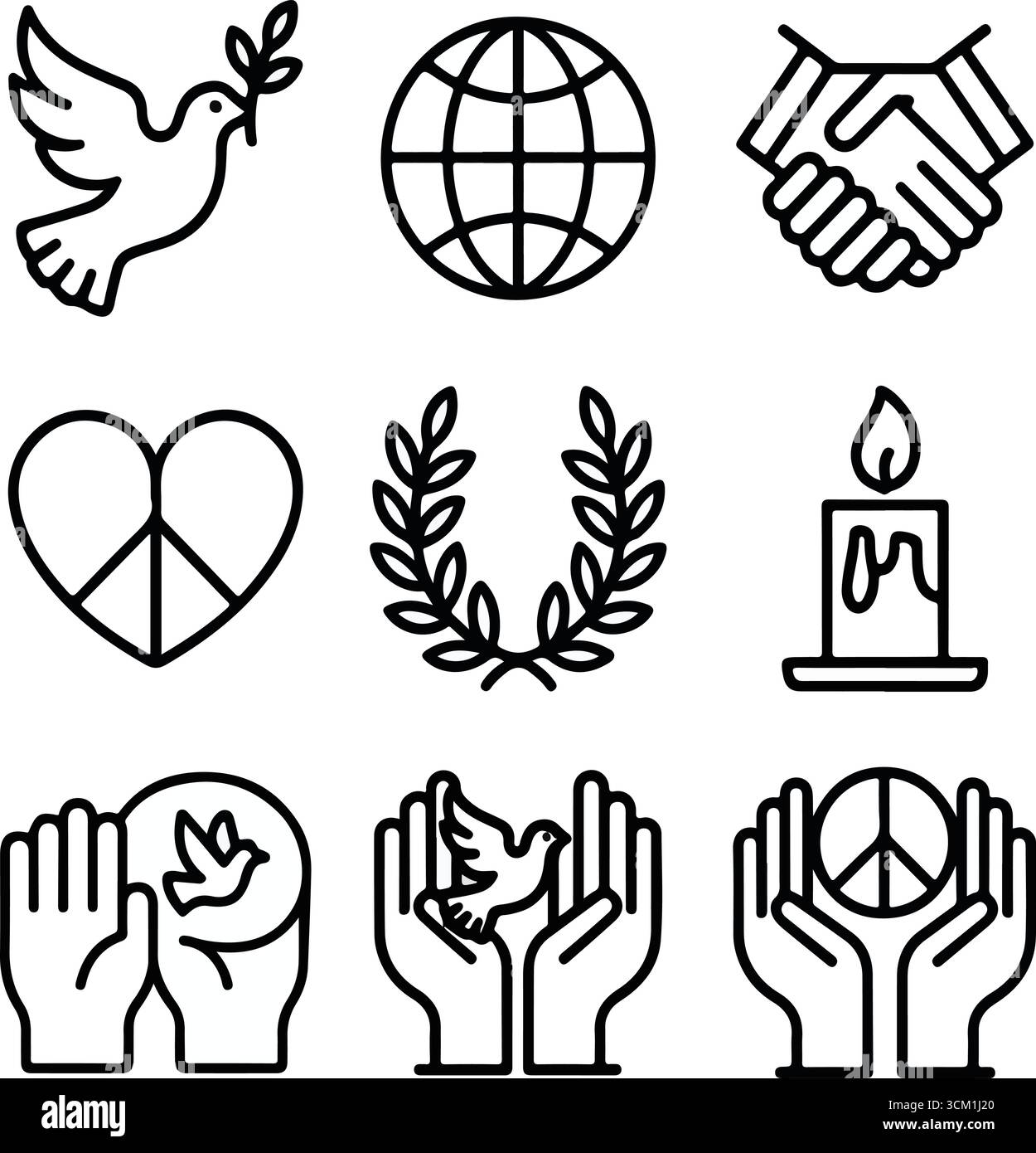 Ikone des Internationalen Friedenstages im handgezeichneten Stil mit Taube, Kugel, Kerze, Herz, Handschlag, und Friedenssymbole Stock Vektor