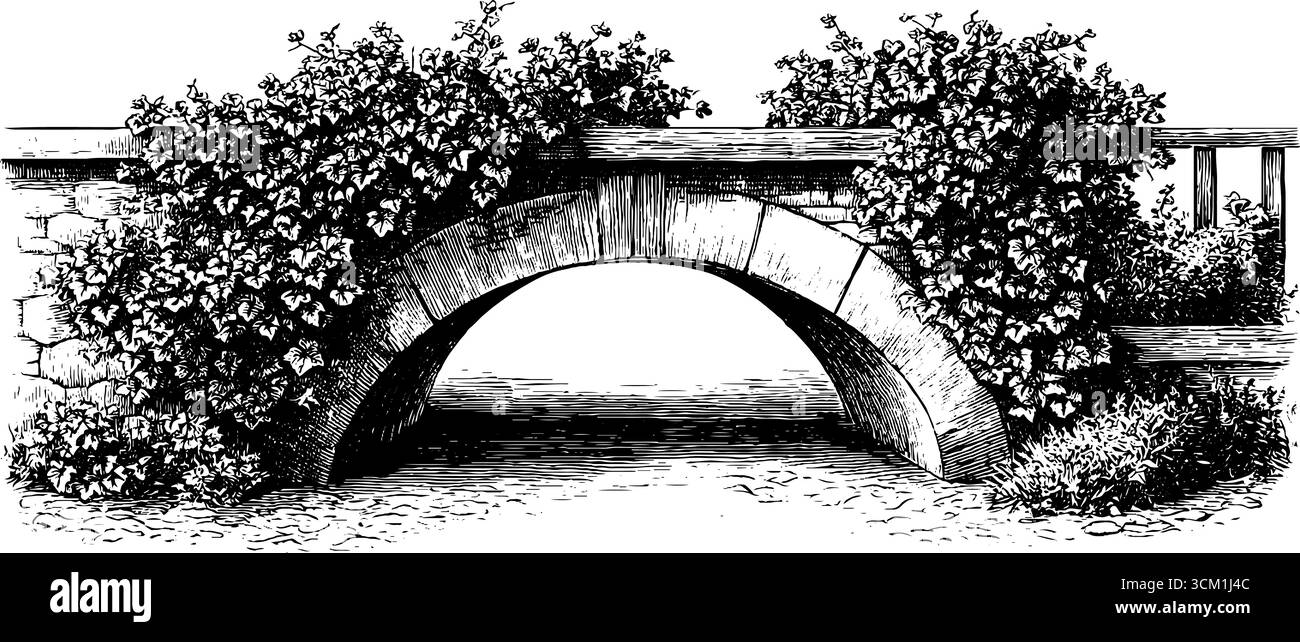 Alte Steinbrücke mit elfenbeinfarbener Schiene für Retro-Design-Projekte. Stock Vektor