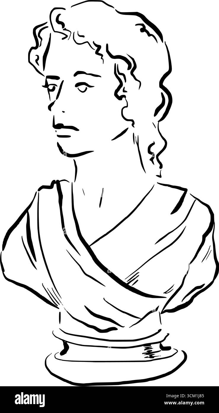 Büstenstatue eines antiken Denkers mit klassischem Vorhang. Vektor-skurrile, schnelle Zeichnung von Strichgrafiken. Ideal für romantische Buchkonzepte, Literat Stock Vektor