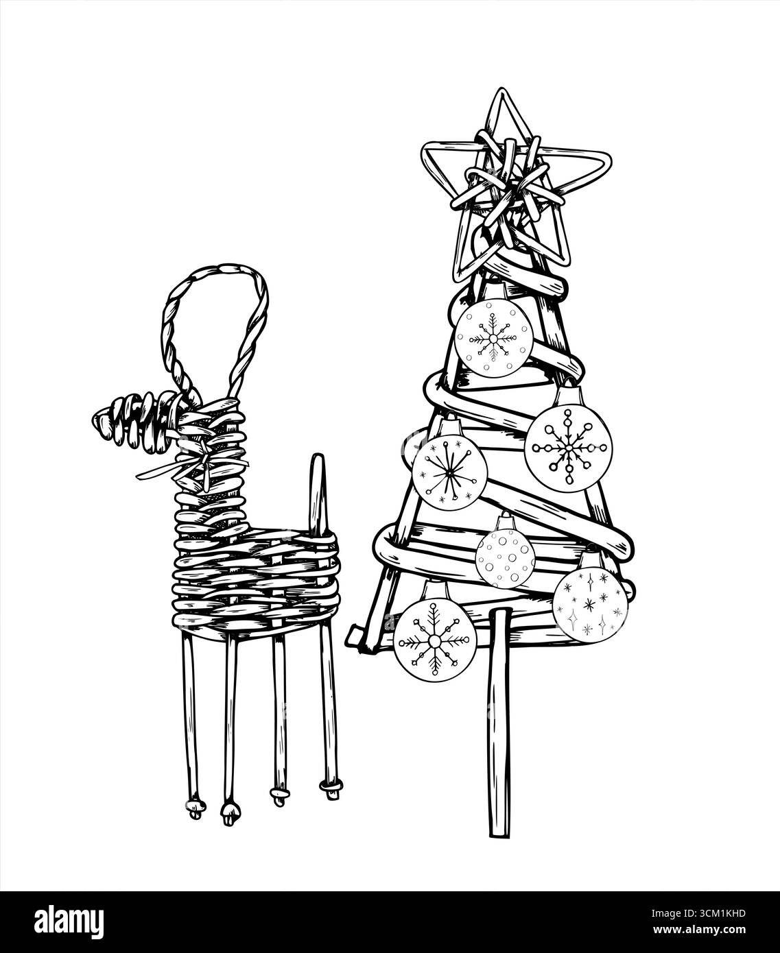 Weidenhirsch Figur, Weihnachtsbaum verzierte Stern und Kugeln schwarz-weiß Vektor isolierte Illustration. Skandinavische Yule-Traditionen. Stock Vektor