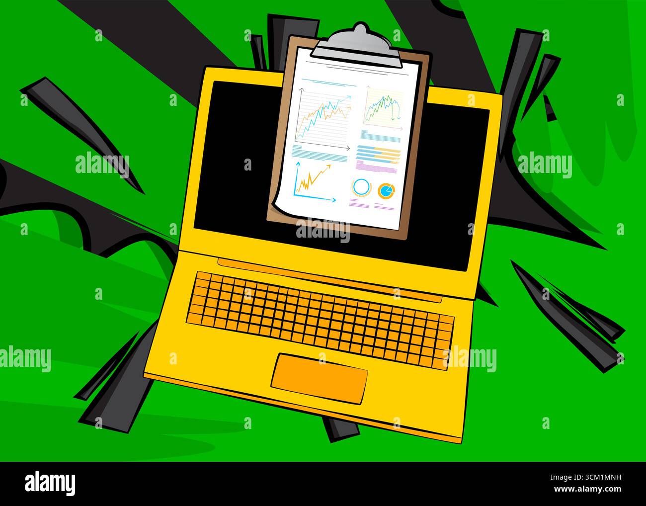 Comic-Laptop, Comic-Notizbuch mit Geschäftsbericht. Retro-Vektor-Comics Pop-Art-Design. Stock Vektor