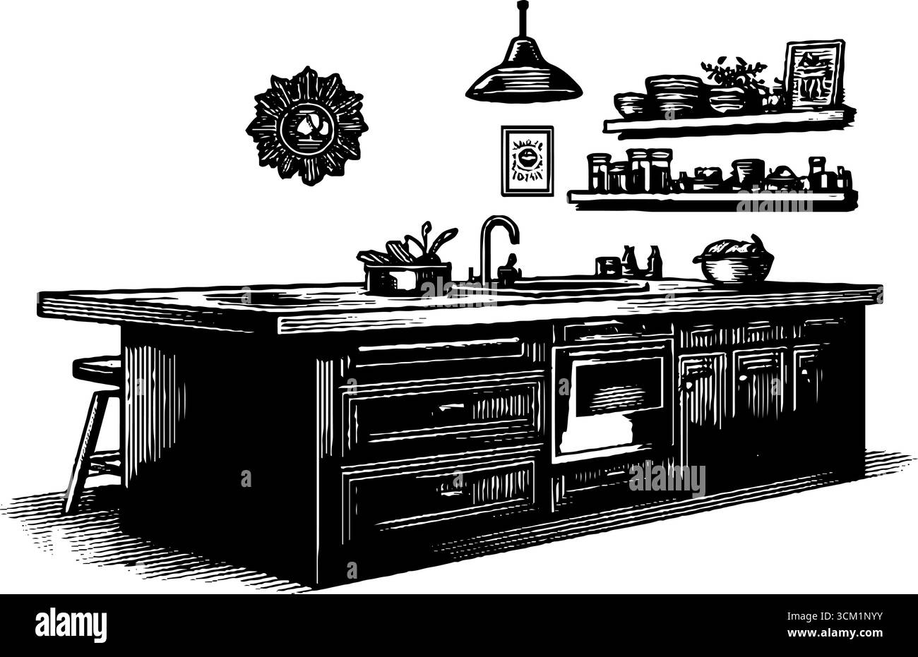 Modernes, minimalistisches Küchendesign mit handgezeichneter Gravur für Retro-Dekor. Stock Vektor