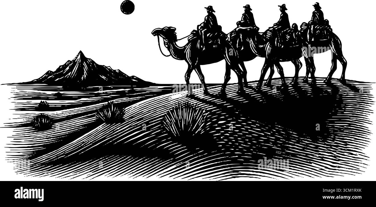 Kamelkarawanenfahrt durch die Wüste bei Nacht – gravierte Illustration für Retro-Design. Stock Vektor