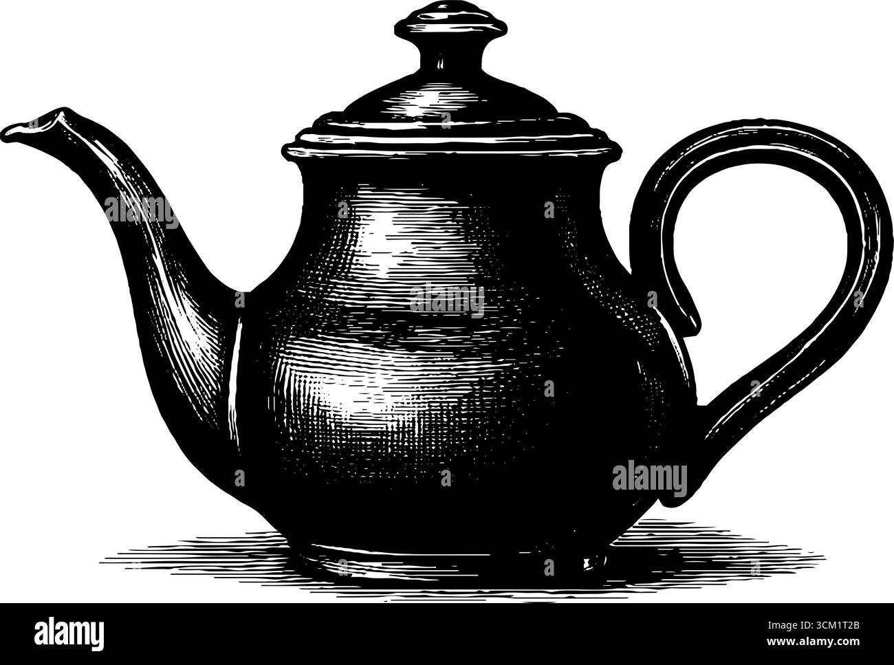Vintage-gravierte Illustration einer Keramik-Teekanne mit geschwungenem Griff für Küchendekoration. Stock Vektor
