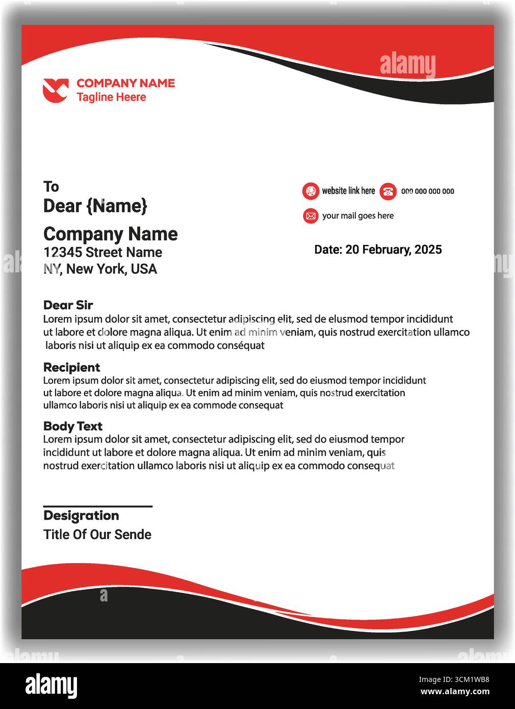 Minimalistische Briefkopfvorlage für Unternehmen | Moderne Unternehmenspapiere Layout in Rot, Schwarz und weiß Vektor-Illustration Stock Vektor