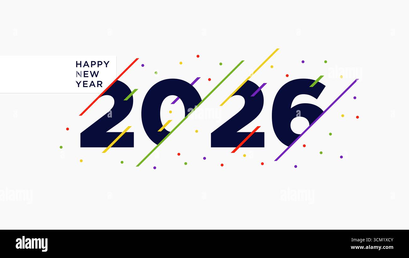 Minimalistisches „Happy New Year 2026“-Begrüßungsdesign mit auffälligen Zahlen, bunten Linien und festlichen Konfetti-Elementen, Vektorillustration Stock Vektor