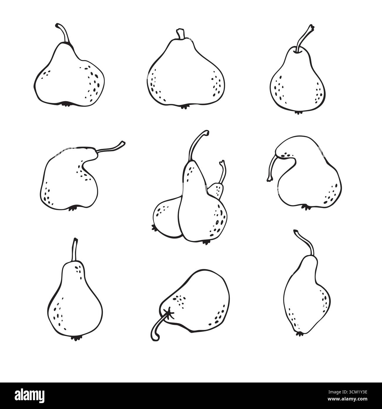 Vektor-Umriss Birne, Birnen verschiedener Formen, hässliche Birne. Design-Element-Set für Logo, Symbol, Clip-Art, Lebensmitteldruck. Einfach und elegant. Von Hand eingezogen Stock Vektor