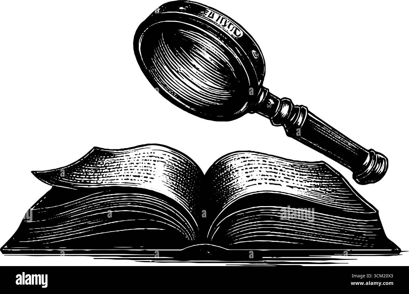 Vintage-gravierte Illustration einer Lupe über offenem Buch für Retro-Design und Dekor. Stock Vektor